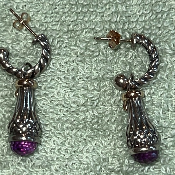 ESTATE STERLING SILVER /14K YELLOW GOLD AMETHYST SHRIMP DANGLE EARRINGS - Picture 2 of 5